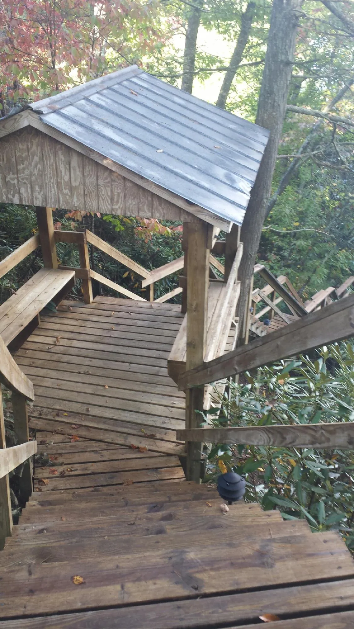 Metal roofed shelter over wooden steps on a wooded walkway — Skylight Repair & Installation work by our crew in Coudersport